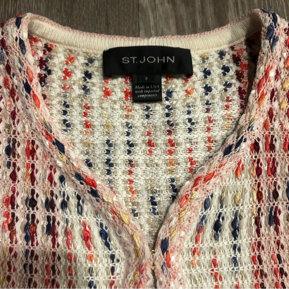 St John Ribbon Fringe Macro Plaid Cardigan Jacket in Blush Sz 6 - Picture 7 of 11